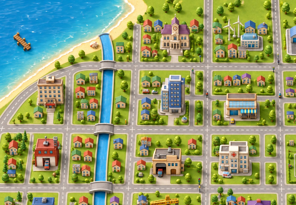 Näher dran: Strand, Kanal und Brücken, dazwischen Hotel, Rathaus, Feuerwache und Krankenhaus.